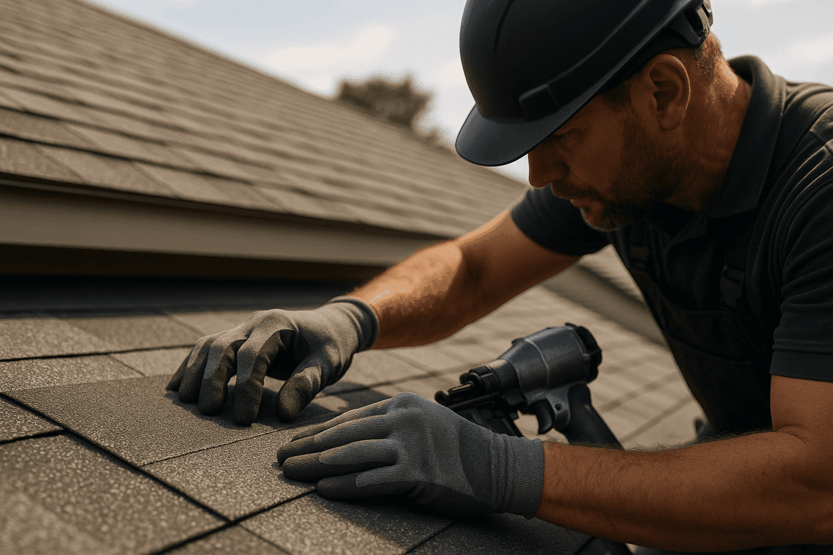 Close-up of roofer’s gloved hands positioning asphalt shingles on a clean residential roof under daylight.